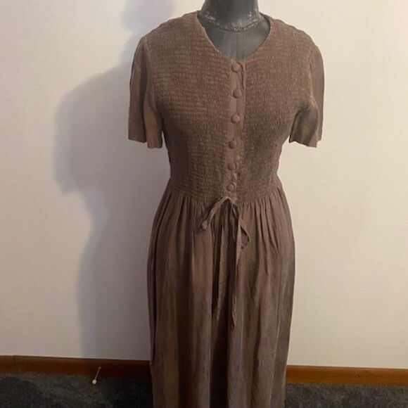Karin Stevens Brown Vintage 80's Maxi 1/2 button stretch bodice dress, size 12 - Picture 1 of 7